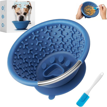 Slow Feeder Dog Bowl with Suction Cup & Reinforced Rim, 3-Cup Puzzle Maze Dog Lick Bowl for Anxiety Relief, Anti-Choking & Non-Slip, BPA-Free Silicone, for Small to Large Breeds (Blue)