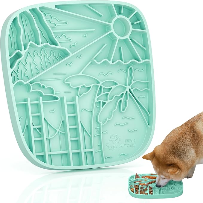 Puzzle Feeder Snuffle Mat and Lick Mat for Dogs, California Textured Slow Feeder, 0.75 Inch Thin Silicone Mat Holds 3 Cups, Dishwasher and Microwave Safe, Green