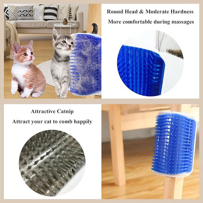 DOUBLE 2 C Hair Brush, 4 Pack Cat Wall Corner Groomers with Catnip, Soft Face Scratchers Brush, Corner Massage Comb for Long & Short Fur Cat Owners, All Ages, Unisex (Grey&Blue)