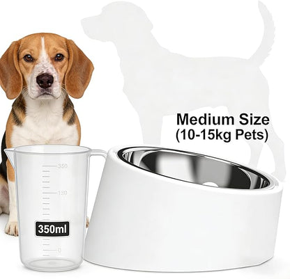 White Tilted Dog Bowl for Large Breed Dogs, No-Spill Non-Skid Stainless Steel Bowl, Detachable 2-in-1 Feeder for Dogs with Cones or Long Ears (Size L)