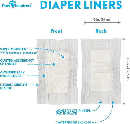 Paw Inspired Dog Diaper Liners | Inserts for Washable Covers, Female Dog Diapers, and Male Dog Belly Bands | Leakproof, Super Absorbent (30 Count)