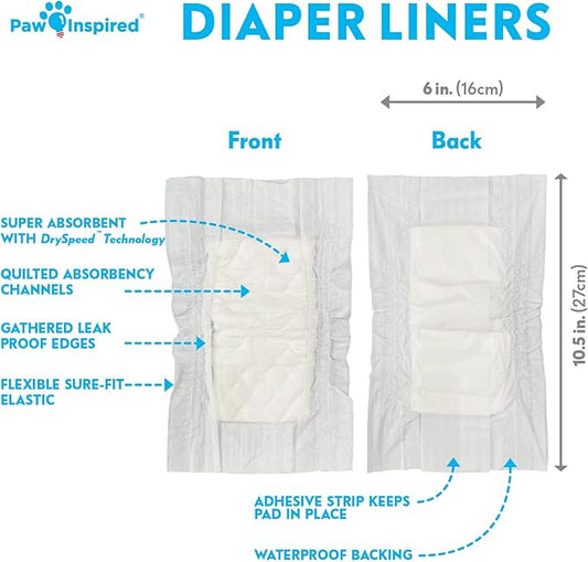 Paw Inspired Dog Diaper Liners | Inserts for Washable Covers, Female Dog Diapers, and Male Dog Belly Bands | Leakproof, Super Absorbent (30 Count)