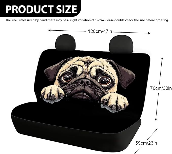 AFPANQZ Pug Dog Car Seat Cover for Rear Bench Seats Polyester Fabric Protects Against Dirt Pet Fur Dog Hair, Easy to Install with Universal Fit for Cars Trucks and SUV