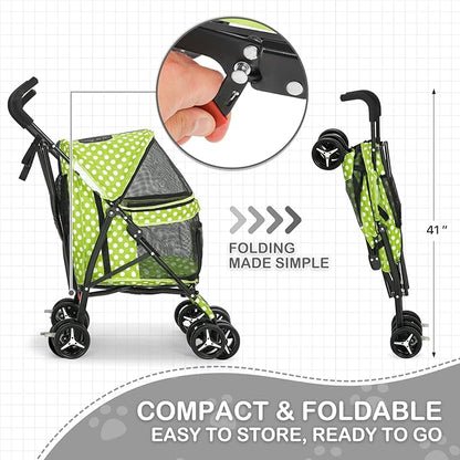 Dog Stroller, 4 Wheels Pet Stroller for Cats with Storage Bag&Visible Mesh, Easy-Fold Umbrella Shaped Cat Stroller and Pet Stroller for Medium Dogs&Small Dogs, Lawn Green with White Polka Dots