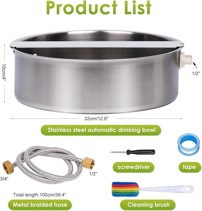 Automatic Dog Water Bowl Dispenser Large Breed Outdoor Pet Water Fountain Pet Waterer with Float Valve 6.5L Heavy-Duty Stainless Steel Auto Waterer for Large Dogs Cats Puppy Chicken Goat