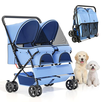 MoNiBloom Double Pet Stroller for 2 Small and Medium Dogs/Cats - 4-Wheel Foldable Design with One-Hand Quick Fold, 44 lbs Total Capacity, Adjustable Canopy & Dual Storage Baskets