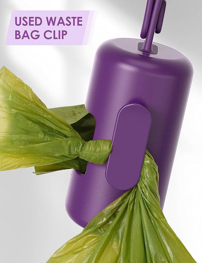 Gobeigo Dog Poop Bag Holder【Convenient Hook for Used Bags】【Silicone Strap Fits Any Leash】【Large Opening for Easy Dispensing】with 1 Roll Waste Bags (Purple)
