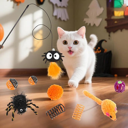 Halloween Cat Tunnel with Toys Set, Gothic Interactive Kitten Toy for Indoor Cats Kitty, Kitten Tube Tent, Feather Wand Teaser Bell Fuzzy Ball Springs Mouse for Small Animals (A, 23.3X15X112.3CM)