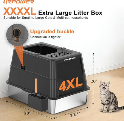XXXXL Stainless Steel Cat Litter Box with Lid 110° Flip-Top Extra Large Enclosed Litter Box Non-Sticky Metal Pan with High Sided & Scoop, Front & Top Entry, Anti-Leakage, Easy Cleaning, 28"x20.5"x20"