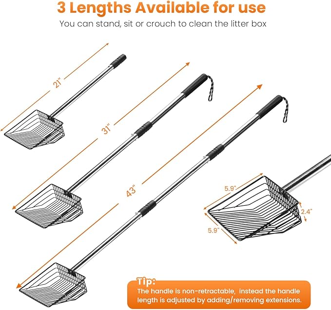 Cat Litter Scoop 43 inch Metal Litter Scooper with Stainless Steel Long Handle, Upgraded Large Kitty Box Scooper Heavy Duty Deep Shovel for Fast Sifting, Dog Waste Scooops for Outside Pet Poop