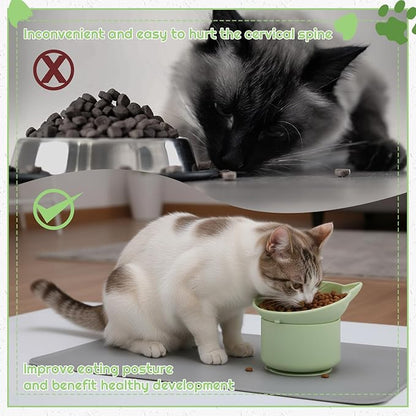 2 Pack Gray, Green Slow Feeder for Cat Bowls, Silicone Tilted Raised Pet Bowl with Non Slip Base for Digestion Anti Vomit