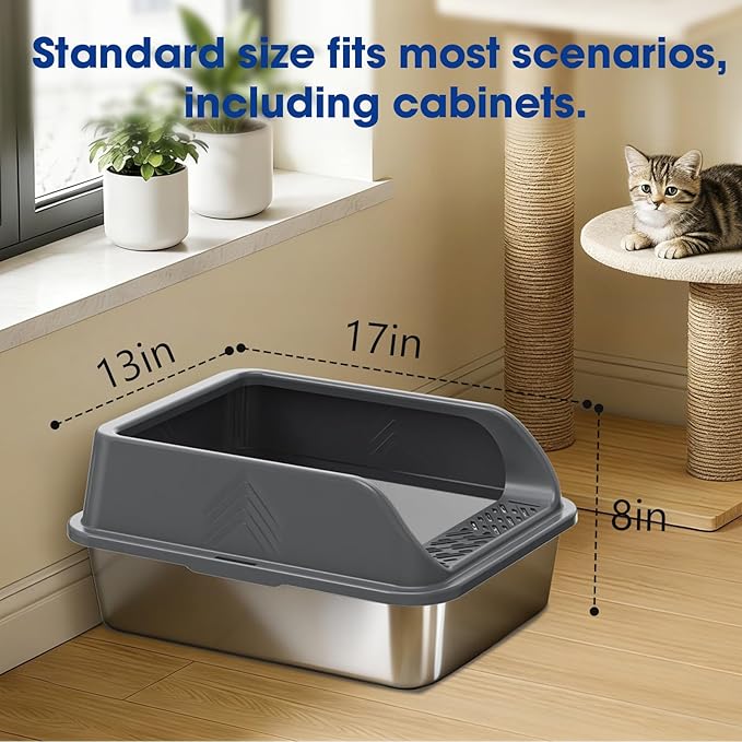Small Stainless Steel Litter Box with Lid for Kitten, Metal Cat Litter Boxes High Sided Enclosed for Injured Cats and Rabbit, Anti-Urine Leakage | Non-Stick Bottom & Includes Scoop