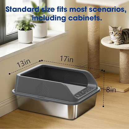 Small Stainless Steel Litter Box with Lid for Kitten, Metal Cat Litter Boxes High Sided Enclosed for Injured Cats and Rabbit, Anti-Urine Leakage | Non-Stick Bottom & Includes Scoop