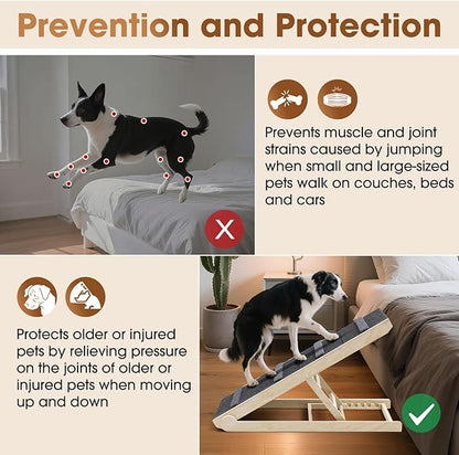 Dog Steps for Bed & Couch - 2-in-1 Dog Stairs/Ramp for Small to Large Breeds - 6 Adjustable Height from 12" to 24" - Folding Portable Wooden Ramp for Dogs to Get on Bed Couch Car Up to 200LBS