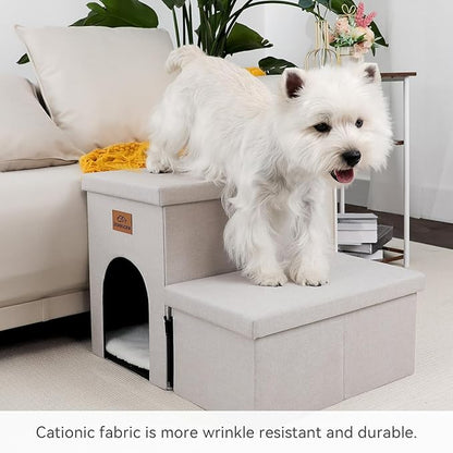 Dog Stairs with Condo 15" H, 2-Step Wider Dog Steps for Small/Medium/Large Old Dogs Cats, Folding Sturdy Storage Pet Stairs Climbing Bed Couch, Ramp for Car Hold Up to 150 lbs, Beige