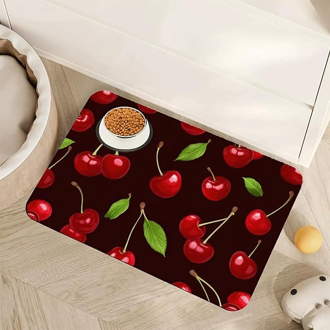 Red Cherry Pet Feeding Mat,Absorbent Quick-Dry Cat Dog Food and Water Bowl Mats,Non-Slip Rubber Backing Mat,Cat Dog Accessories Supplies 12"x20"