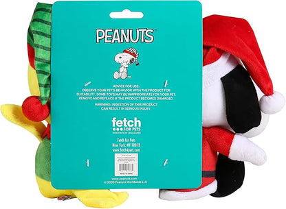 Peanuts for Pets 9 Inch Holiday Snoopy & Woodstock Big Head Plush Dog Toys with Squeaker | 2 Piece Squeaky Dog Toy Set, Santa Snoopy & Elf Woodstock Stuffed Plush Dog Toys