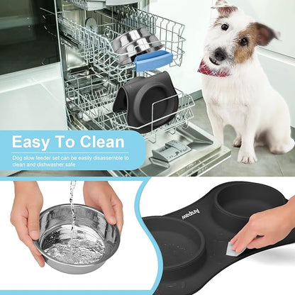Slow Feeder Dog Bowls 3 in 1 Stainless Steel Dog Food and Water Bowls with Non-Spill Non-Skid Silicone Mat to Slow Down Eating for Large Medium Small Breed Size Dogs and Cats (Grey Blue)