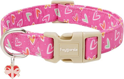 Faygarsle Valentine's Day Dog Collar, Pink Heart Pattern with Metal D-Ring and Heart Charm, Adjustable Pet Collar for Small Medium Large Dogs L