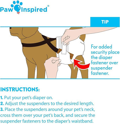 Paw Inspired Reusable Washable Dog Diapers (Pack of 3) in Assorted Colors with White Lining and Dog Diaper Suspenders in Black Combo Pack (X-Small)
