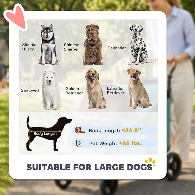 PawHut Dog Stroller for Large Dogs, One-Click Folding 4 Wheel Large Pet Stroller Wagon for Multiple Pets, All Terrain Spring Suspension w/ 8-Position Adjustable Handle, Mesh Window, Up to 66 LBS, Teal