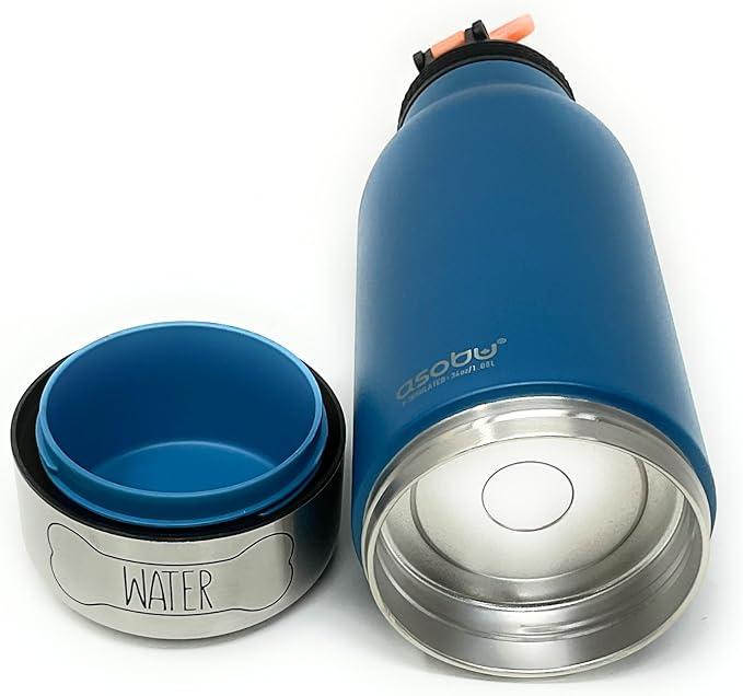 Asobu Dog Buddy Bottle - Stainless Steel Insulated Water Bottle for Humans with Removable Dog Bowl and Food & Treat Storage - 34 Oz, 2 Pack (Blue/Black)