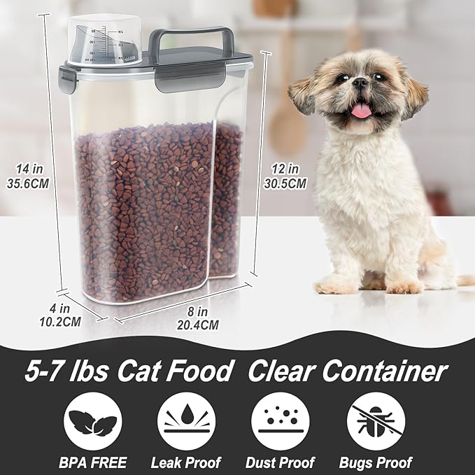 5-7Lbs Dog Cat Food Storage Container with Upgraded Large Nozzle BPA-free, 4 Snap Seals Plastic Pet Food Storage Containers with Handles (Clear Black, 5L-1pack)