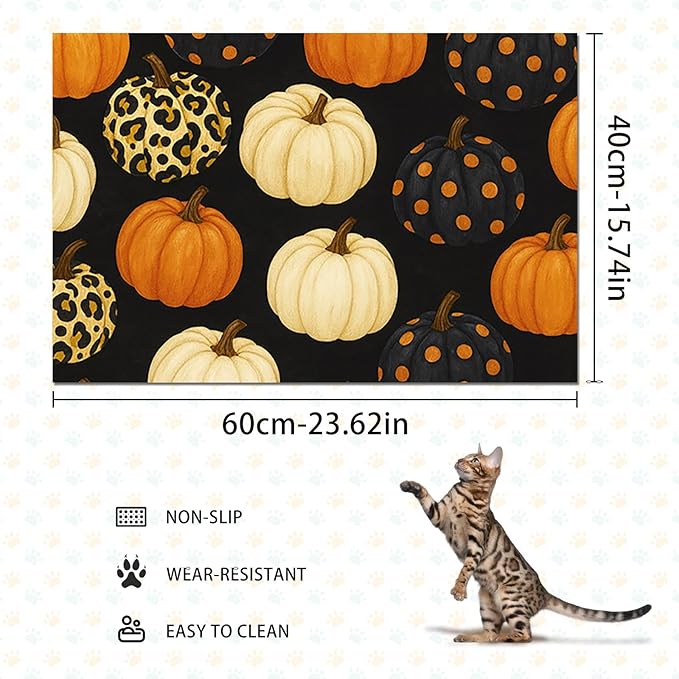 Fall Pumpkin Pet Feeding Mat Thankgiving Theme Dog and Cat Food Mat Non Slip Pet Bowl Mats with Leopard and Polka Dot Pumpkin Design for Autumn Home Kitchen Cat Accessories 24" x 16"