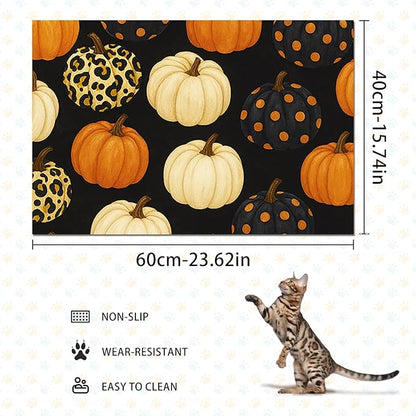 Fall Pumpkin Pet Feeding Mat Thankgiving Theme Dog and Cat Food Mat Non Slip Pet Bowl Mats with Leopard and Polka Dot Pumpkin Design for Autumn Home Kitchen Cat Accessories 24" x 16"