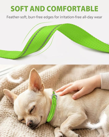 Joytale Puppy Collar, Feather-Light Double-Sided Reflective Nylon Collar for Night Safety, Adjustable Quick-Release for Extra Small Dogs, Green, XS (3/8" Width)