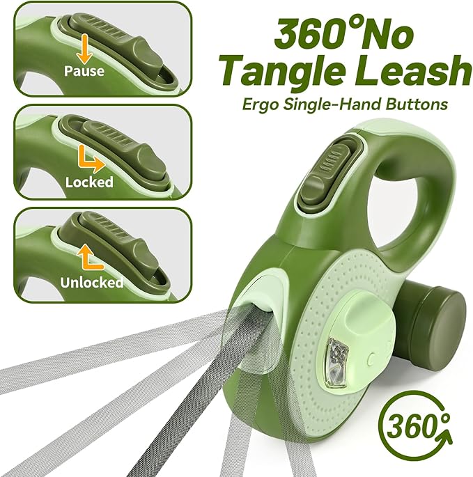 26ft Heavy Duty Retractable Dog Leash for Large Dogs, Dog Leash with Poop Bag Holder, Up to 100lbs, with LED Light, Chew Proof Cable, One-Handed Pause & Lock, 360° No Tangle. (Green, 26Ft)