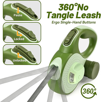 26ft Heavy Duty Retractable Dog Leash for Large Dogs, Dog Leash with Poop Bag Holder, Up to 100lbs, with LED Light, Chew Proof Cable, One-Handed Pause & Lock, 360° No Tangle. (Green, 26Ft)