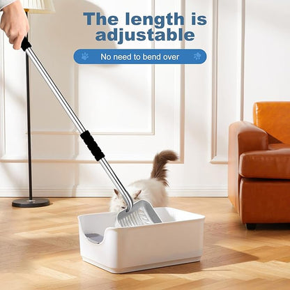 Cat Litter Spoon Metal Removable Stainless Steel Long Handle Cat Litter Screen Non-Stick Coated with Adjustable Handle and Soft Grip Heavy Duty Pet Cat Litter Shovel with 1 Pcs Hook