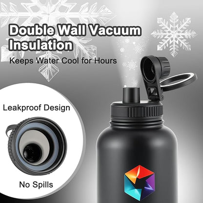 ILOMAX 3-in-1 Insulated Dog Travel Water Bottle, Stainless Steel, with Food & Water Bowls + Extra Magnetic Lid, Leak-Proof, Keeps Drinks Cold 12H/Hot 6H, Portable Hydration, 32oz (Black)