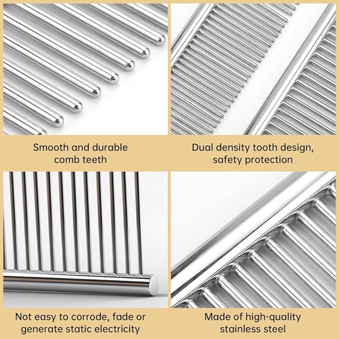 4Pcs Stainless Steel Dog Combs for Grooming Matting, Metal Dog Grooming Combs with Rounded Teeth, Pet Tear Stain Remover Finishing Comb Removing Tangles Knots