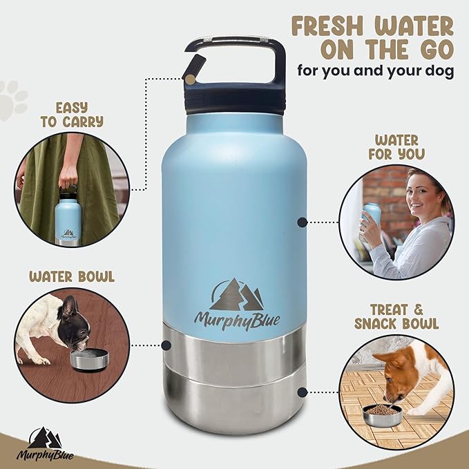 MurphyBlue Dog Water Bottle | 32 oz. Capacity Insulated Stainless Steel, Lid w/Built-in Carabiner, BPA Free Plastic Detachable Bowls, Portable Dog Water Bottles, Travel Bowls for Pets