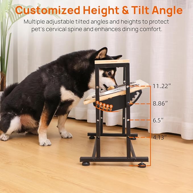 Adjustable Height Pet Feeder Stand with 2 Dishwasher-Safe Stainless Steel Bowls – Brown Wood Top & Black Metal Frame Elevated Food/Water Station for Dogs/Cats Under 100LBS