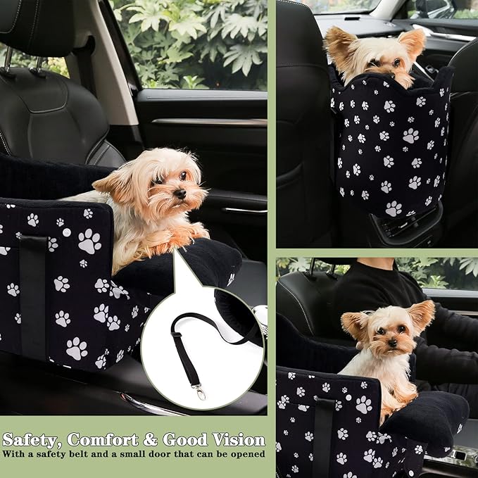Cullaby Center Console Dog Car Seat Safe Travel for Small Dogs Under 15 lbs Detachable Washable Pet Carrier with Storage Pockets & Safety Leash,Black