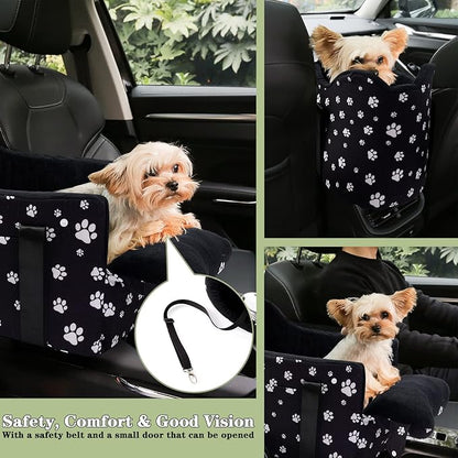 Cullaby Center Console Dog Car Seat Safe Travel for Small Dogs Under 15 lbs Detachable Washable Pet Carrier with Storage Pockets & Safety Leash,Black