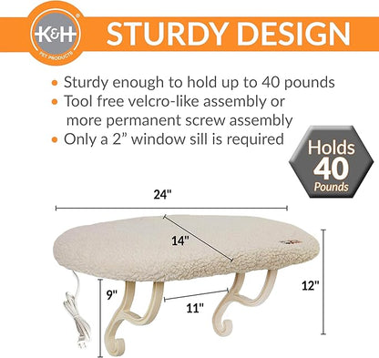 K&H Pet Products Kitty Sill Heated Cat Window Perch for Large Cats, Orthopedic Window Hammock Bed Holds 40LBS, Washable Cover, Kitty Windowsill Bed Seat for Indoors - Cream Fleece, Heated, 14 X 24in