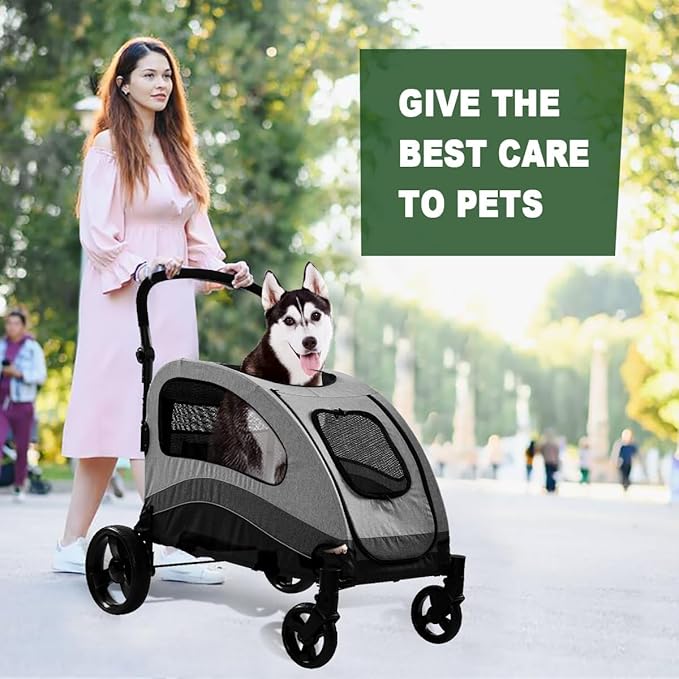 XL Extra Large Dog Stroller, All-Terrain 4 Wheel for 2 Medium Dogs, One-Click Foldable, Adjustable Handles, Dual Entry Safety Dog Stroller, Capacity 88lbs (Gray)
