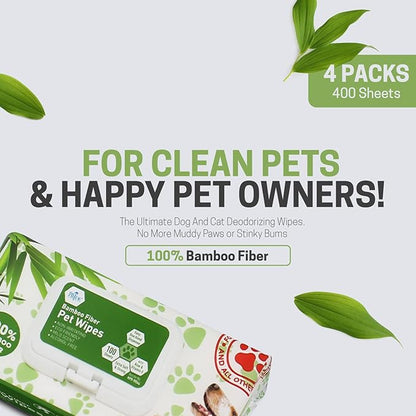 MED PRIDE 100% Bamboo Fiber Doggie Cleaning XL – Dog & Cat Cleaning Wipes with Aloe Vera – Alcohol & Paraben-Free – 8”x8” Hypoallergenic Deodorizing Grooming Wipes – 4 Packs (400 Count)