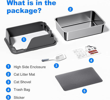 Non-stick Stainless Steel Litter Box, XL Side Opening Splash-Proof & Leak-Proof Seamless Seal, Ellenpent Large Capacity, Cat Litter Box with Lid for Multi-Cats, Large Cats, Easy-Clean & Durable (Gray)