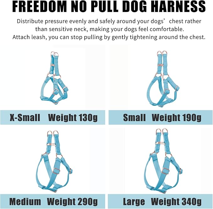 Soft Leather No Pull Dog Harness - Adjustable Step In Dog Harness with Rose Gold Heavy Duty Metal Buckle, Freedom Nylon Dog Halter Vests for Small Medium Large Dogs Easy Walking Training M, Light Blue