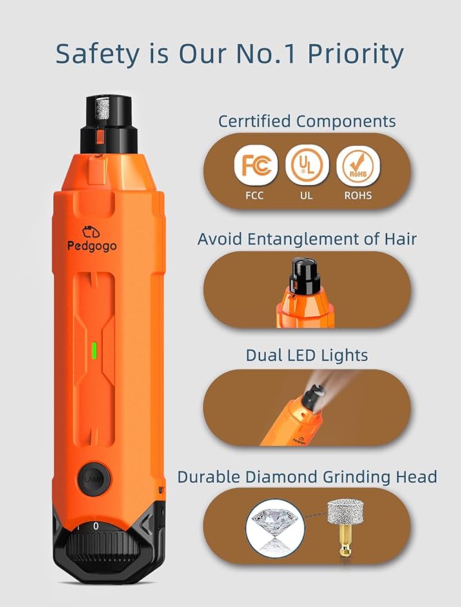 6-Speed Dog Nail Grinder & 2 Extra Grinding Heads Super Quiet 45dB with 2 LED Lights 12000RPM Pet Nail Grinder& 3 Grinding Ports Dog Nail Trimmer for Large Medium Small Dogs with Dust Cap