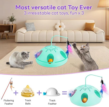 Cat Toys 3in1 Automatic Interactive Cat Toy for Indoor Cats,Interactive Kitten Toy, Fluttering Feather, Track Balls, Rotating Track Feather Enrichment Kitty Toys(Green)