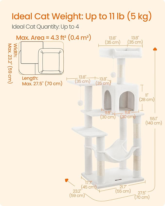 Feandrea Cat Tree, 55.1-Inch Cat Tower, Plush Multi-Level Condo with 4 Scratching Posts, 2 Perches, Hammock, Cave, Cream White UPCT161T01