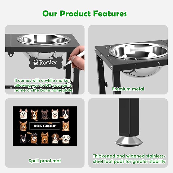 SHAINFUN Elevated Dog Bowls with Mat for Large & Extra Large Dogs, Raised Dog Bowl Stand with Two 101oz Stainless Steel Bowls, Tall Dogs Food Water Bowl Holder