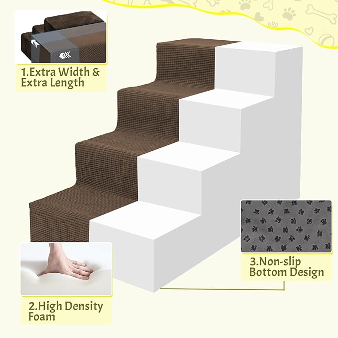 Niubya Dog Stairs for Small Dogs and Cats,18'H Non-Slip Bottom Pet Steps for High Beds and Couch,High-Density Foam Pet Stairs Brown,4 Steps
