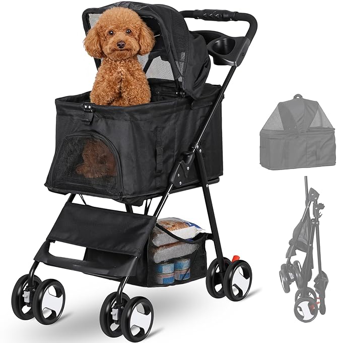 Pet Stroller 4 Wheels Dog Cat Stroller, Detachable Carrier Travel Folding Carrier for Small Medium Dog Cats (Black)